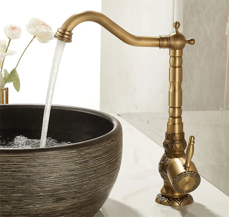 DecorBites™ Antique Carved Brass Bathroom Sink Faucet Hot & Cold Mixer Deck Mounted Tap