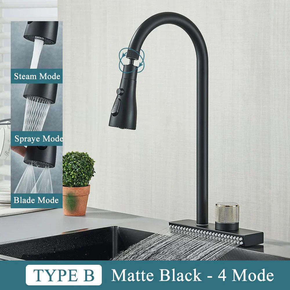 DecorBites™ Black Kitchen Faucet 4 Function Brass Single Hole Mixer Deck Mounted