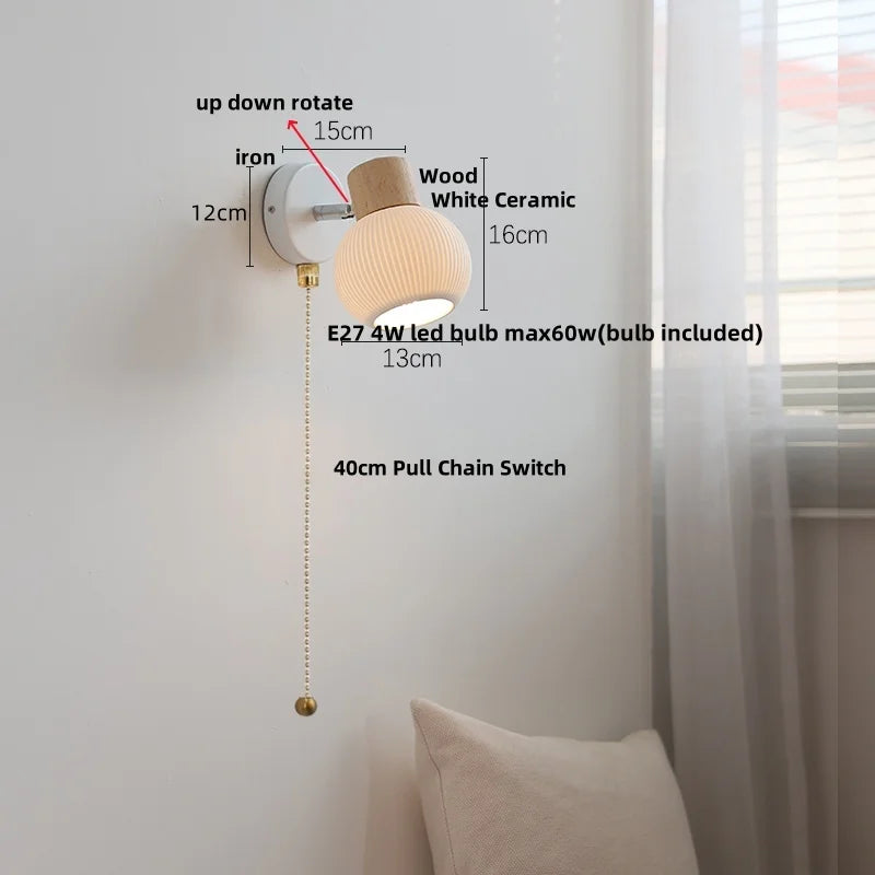 DecorBites™ Ceramic LED Wall Lights with Pull Chain Switch, Modern Wood Base Bedside Lamp