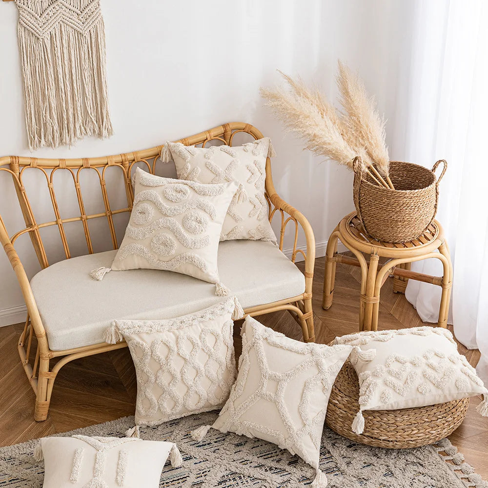 DecorBites™ Geometric Tufted Cushion Cover Beige Patchwork Pillow Covers Wabi-sabi Style