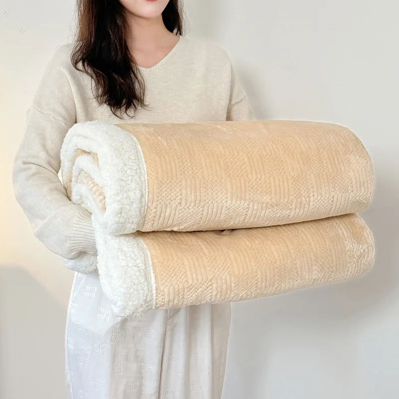 DecorBites™ Double-Layer Coral Fleece Jacquard Blanket: Warm & Multi-Functional for Home & Travel