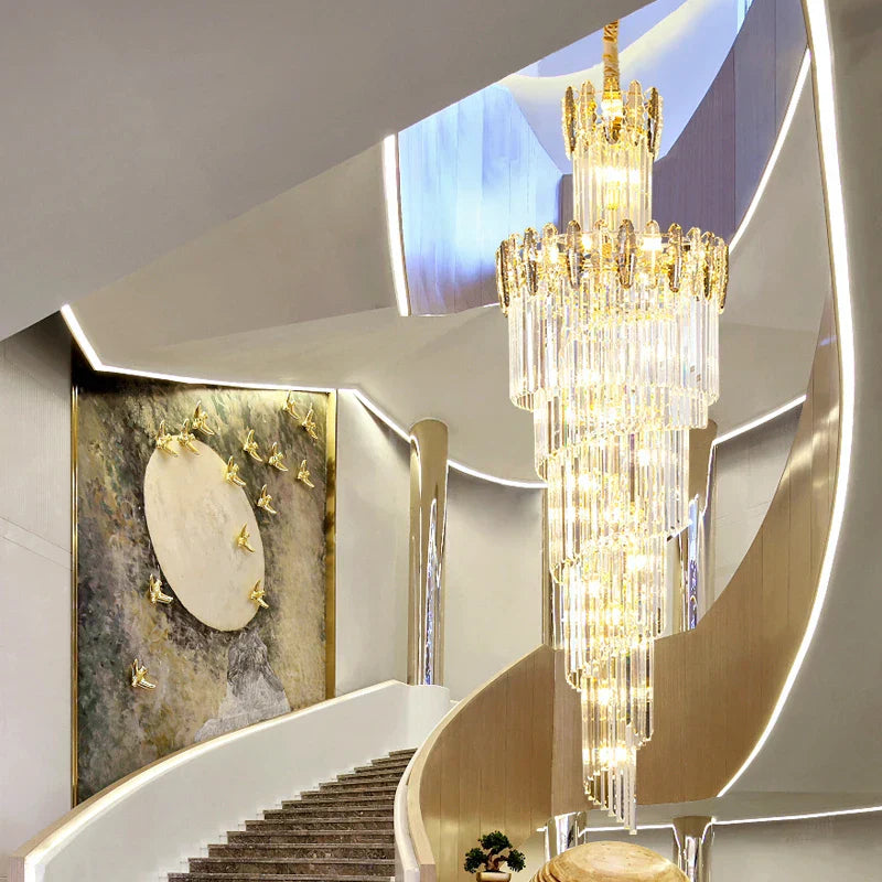 DecorBites™ Crystal Chandelier: Elegant minimalist duplex living room lighting with a touch of luxury.