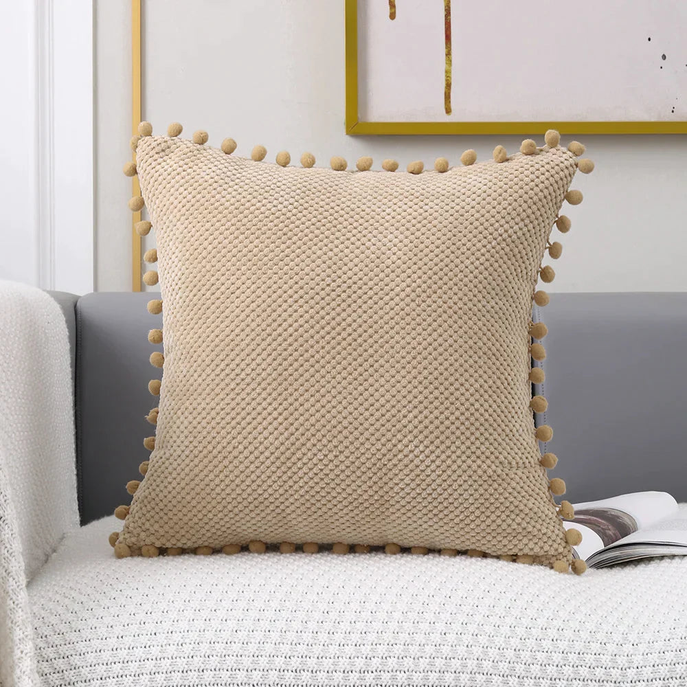 DecorBites™ Beige Pompom Decorative Pillow Cover Set - Premium Quality Home Sofa Decor