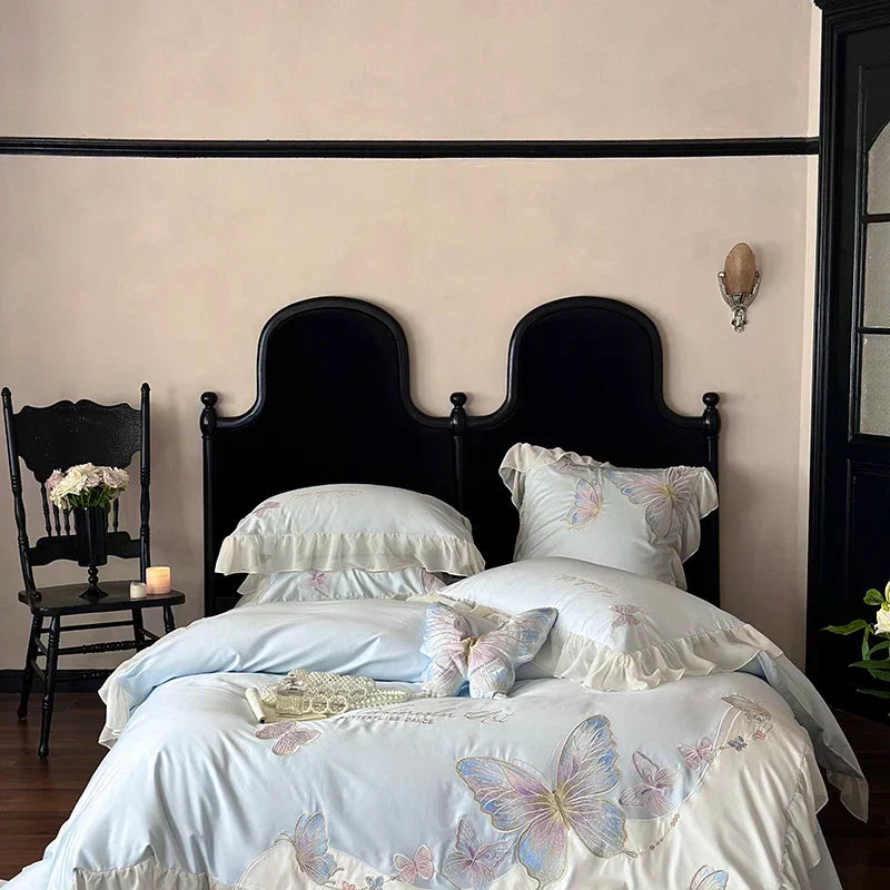 DecorBites™ Butterfly Embroidery Lace Ruffles Bedding Set 100S Egyptian Cotton Duvet Cover