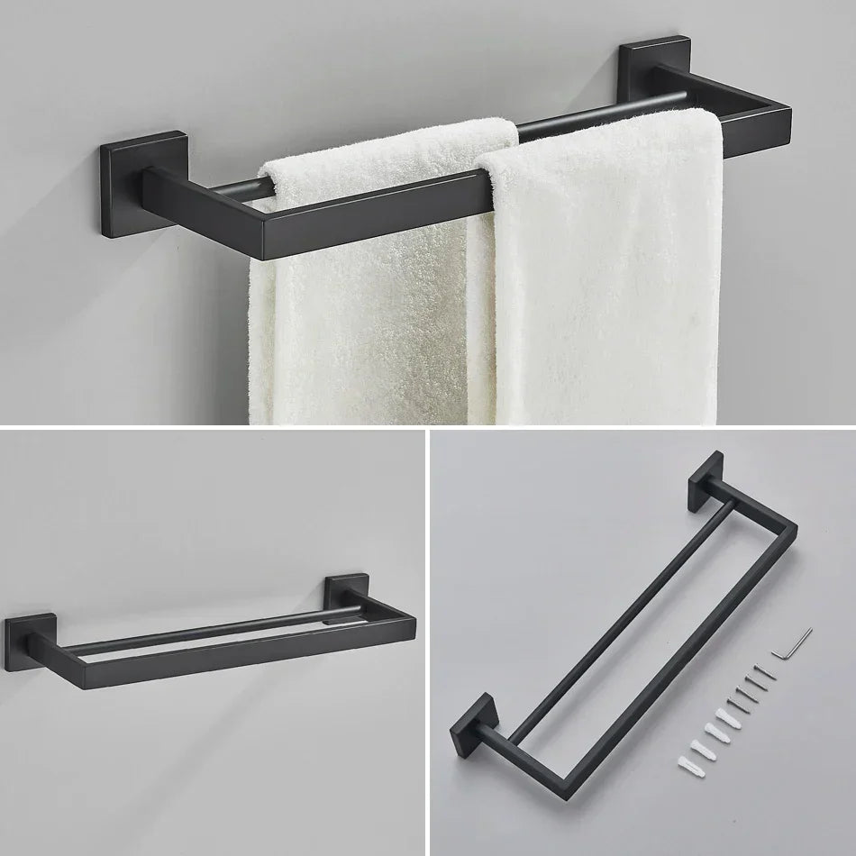 DecorBites™ Black Bathroom Accessories Set: Robe Hook, Towel Rail, Shelf, Tissue Holder