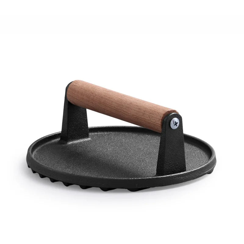 DecorBites™ Cast Iron Steak Press Plate with Wooden Handle - Kitchen Barbecue Tool
