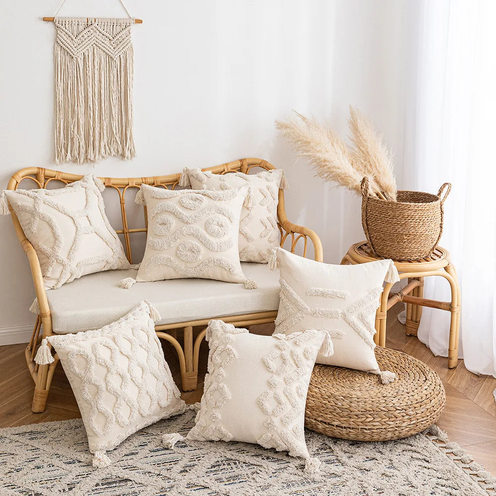 DecorBites™ Geometric Tufted Cushion Cover Beige Patchwork Pillow Covers Wabi-sabi Style