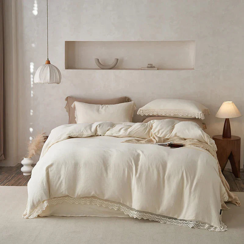 DecorBites™ Lace Edge Cotton Bedding Set for Soft Skin with Duvet, Sheets, and Pillowcases