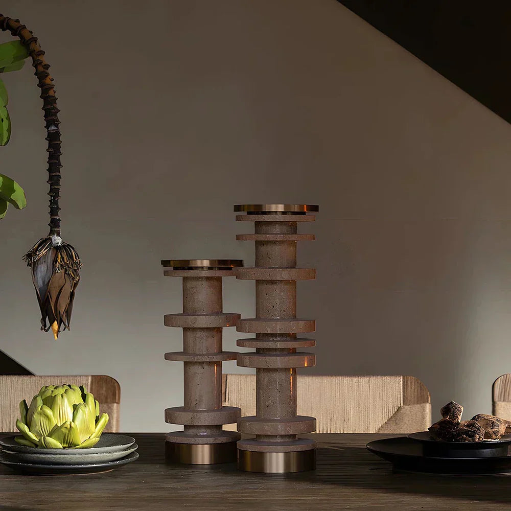 DecorBites™ Beige Brown Travertine Marble Candle Holder with Metal Base