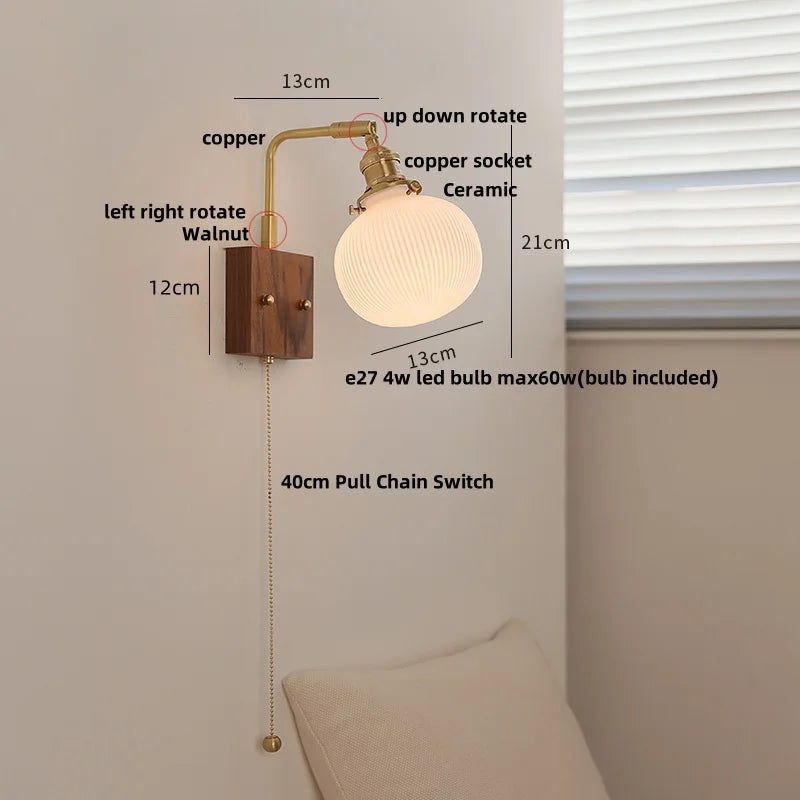 DecorBites™ Globe Ceramic Walnut Wood Wall Light with Pull Chain Switch and Rotatable Design