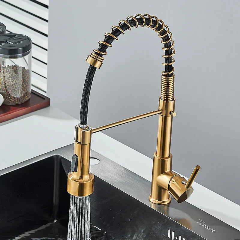 DecorBites™ Brushed Gold LED Kitchen Faucet: Single Handle Pull-down Spring Sink Tap