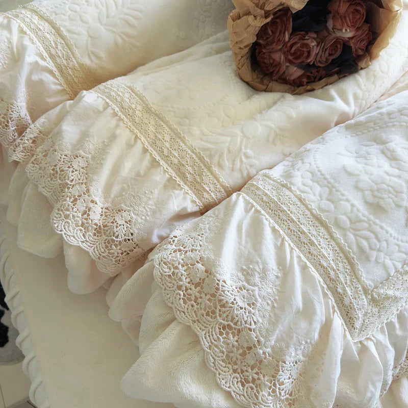 DecorBites™ Lace Ruffles Velvet Wedding Bedding Set with Carved Details