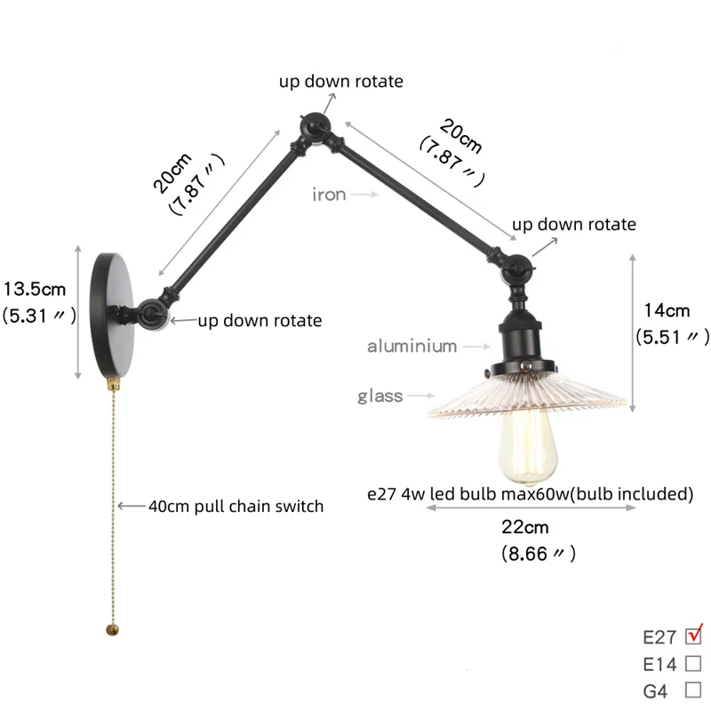 DecorBites™ Clear Glass Swing Arm Wall Light Fixture for Dining Living Room Cafe