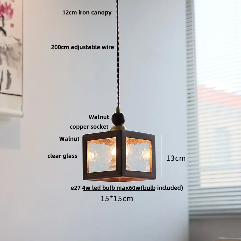 DecorBites™ Glass LED Pendant Lamp Walnut Wood Brass Hanging Lights