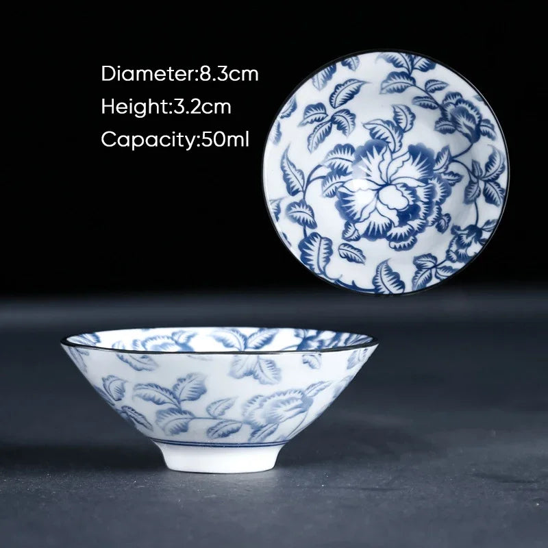 DecorBites™ Blue & White Ceramic Kung Fu Tea Cup, Japanese Style Porcelain Sake Espresso Mug