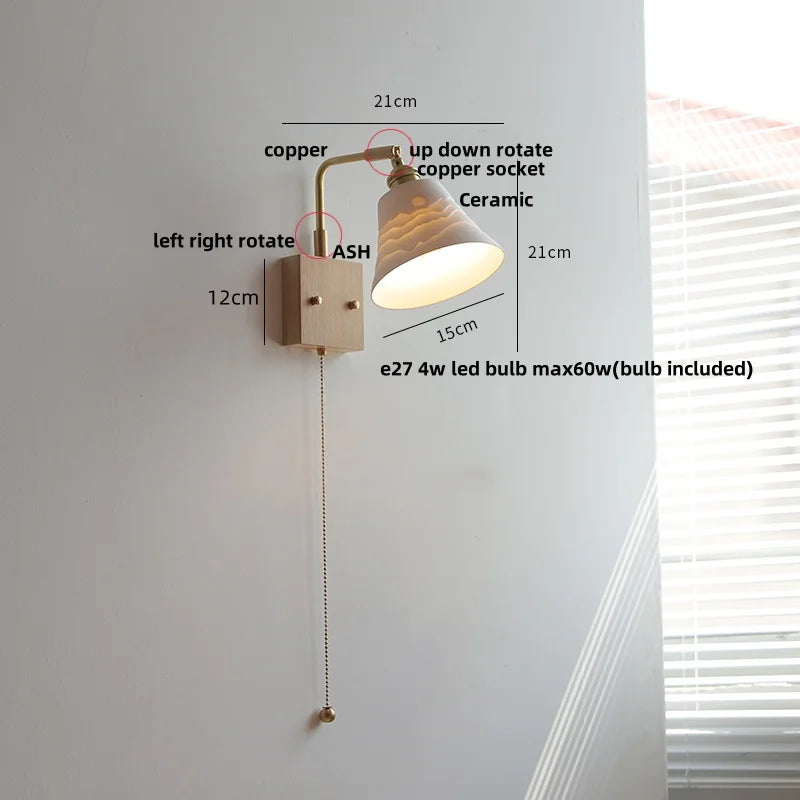 DecorBites™ Globe Ceramic Walnut Wood Wall Light with Pull Chain Switch and Rotatable Design