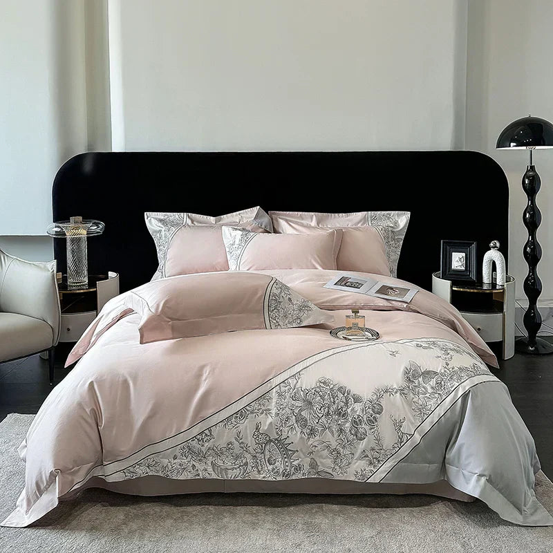 DecorBites™ Luxe Butterfly Flowers Embroidery Bedding Set with Duvet Cover Sheet Pillowcases 4Pcs