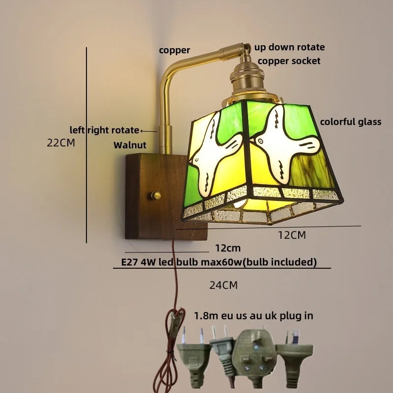 DecorBites™ Amber Glass LED Wall Sconce with Walnut Wood, Pull Chain Switch for Living Room