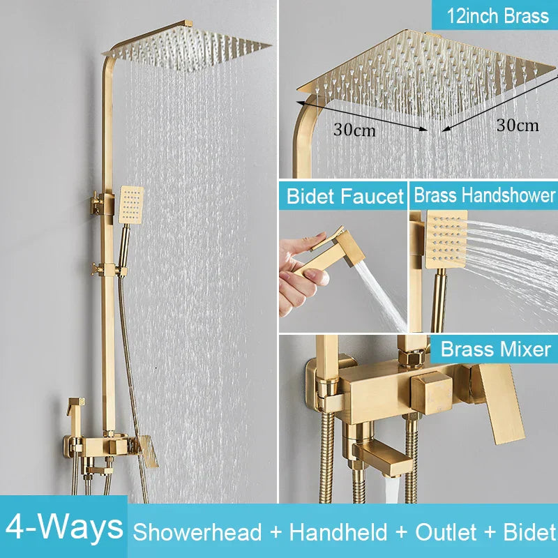 DecorBites™ Black Brass Shower Faucet Set Rainfall Bathtub Tap With Bathroom Shelf