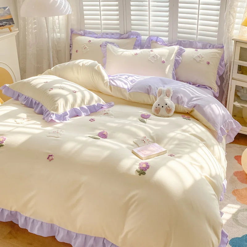 DecorBites™ Cartoon Embroidery 100% Cotton Bedding Set King Queen Bedclothes