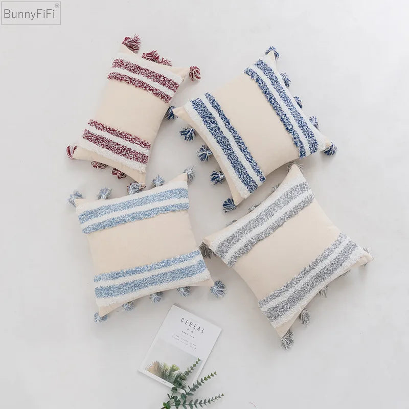 DecorBites™ Blue Grey Stripe Tufted Cushion Cover 45x45cm/30x50cm for Home Decoration