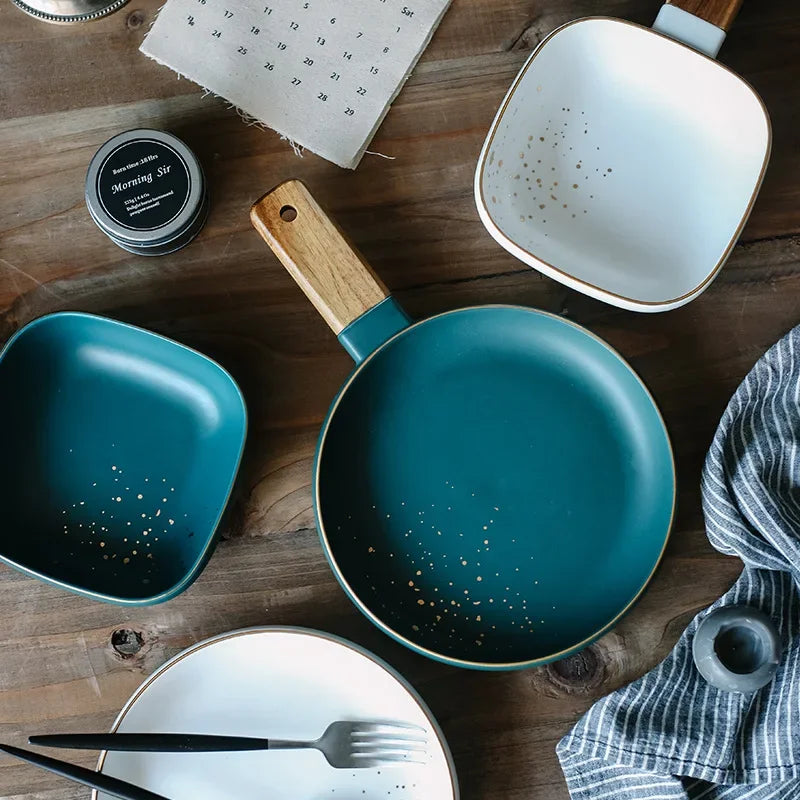 DecorBites™ Ceramic Wood Handle Bowl: Nordic Style Salad & Noodle Tableware