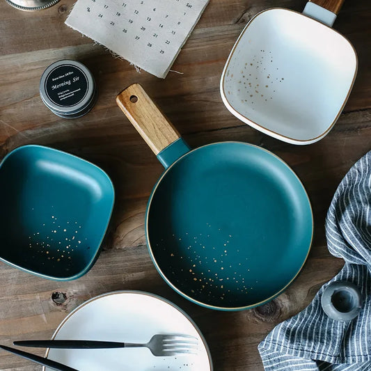 DecorBites™ Ceramic Wood Handle Bowl: Nordic Style Salad & Noodle Tableware