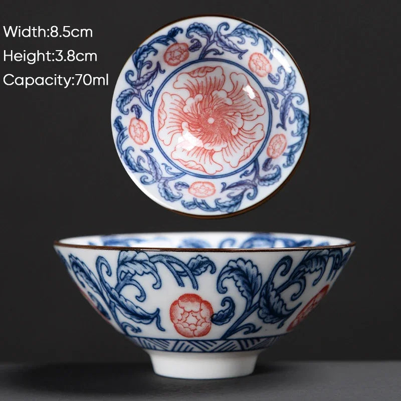 DecorBites™ Blue & White Ceramic Kung Fu Tea Cup - Japanese Style Porcelain Sake Cups