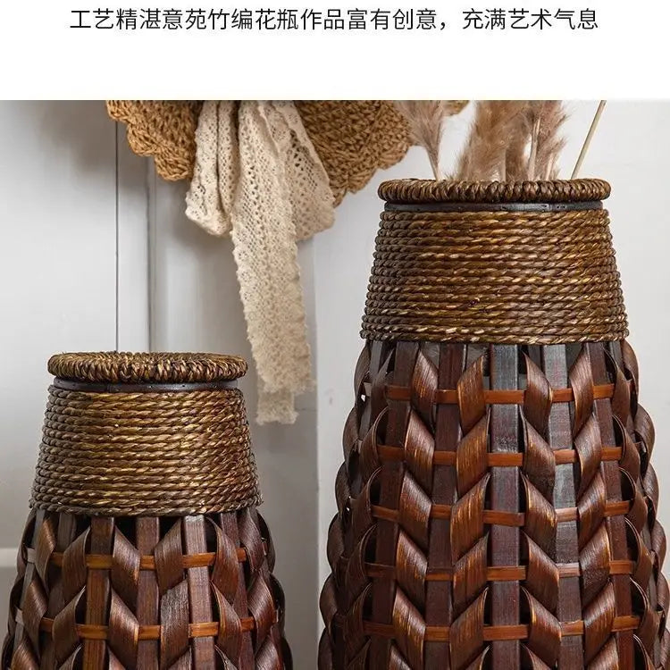 DecorBites™ Bamboo Woven Vase Rattan Flower Glass Arrangement Dried Flower Basket Living Room Decor