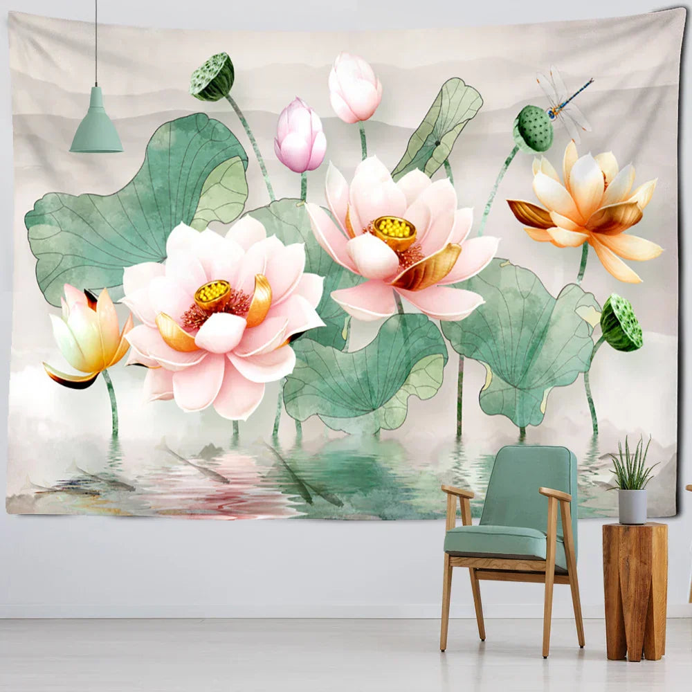 DecorBites™ Ink Lotus Koi Tapestry: Boho Aesthetic Psychedelic Room Art Hippie Decor