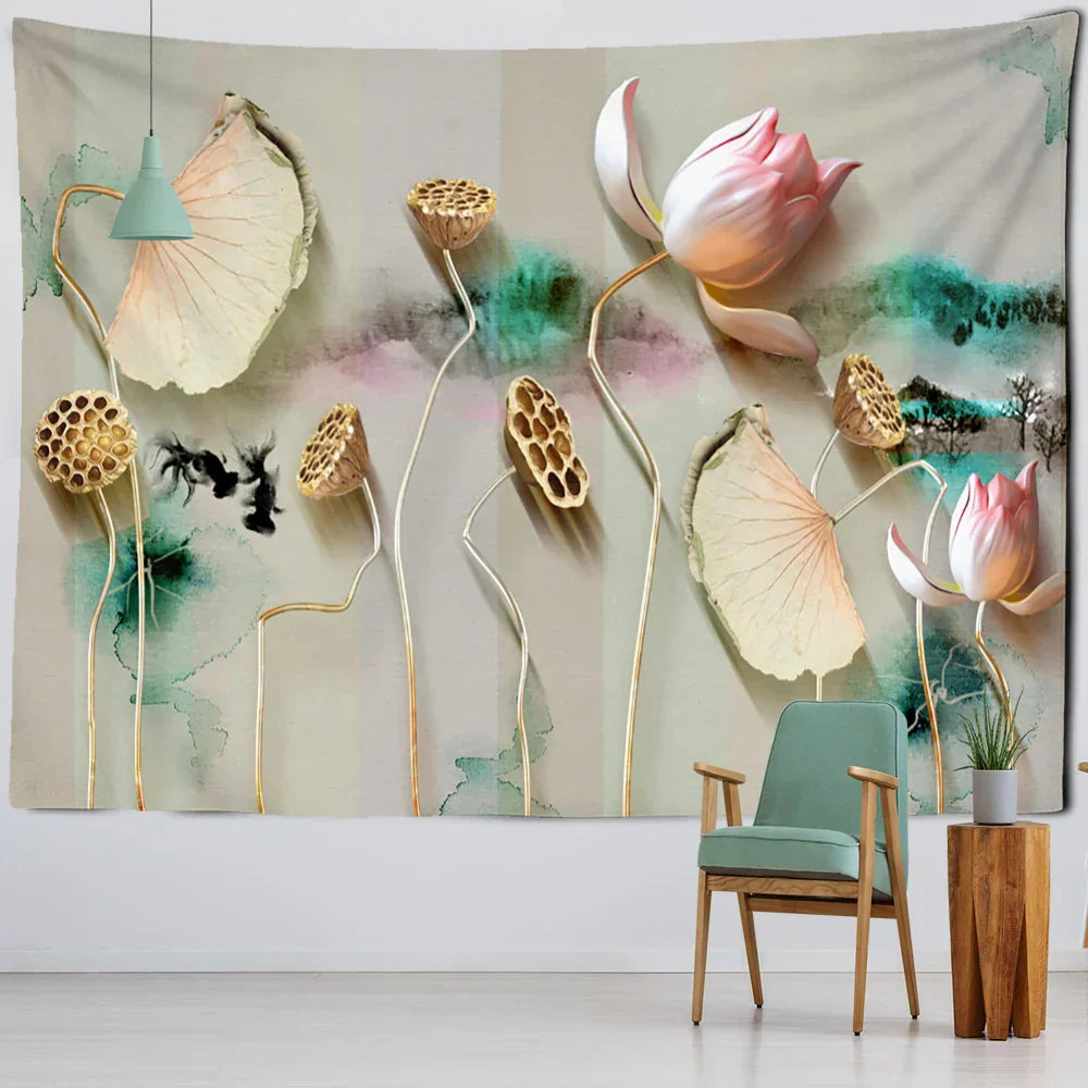 DecorBites™ Ink Lotus Koi Tapestry: Boho Aesthetic Psychedelic Room Art Hippie Decor