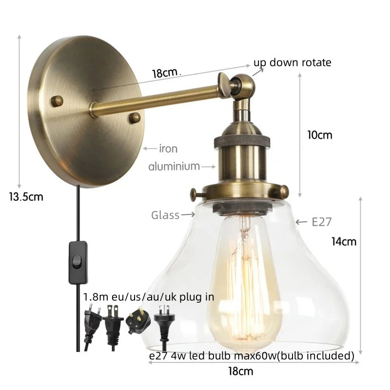 DecorBites™ Black Iron LED Wall Lights Industrial Pull Chain Switch Bedroom Dining Room Loft