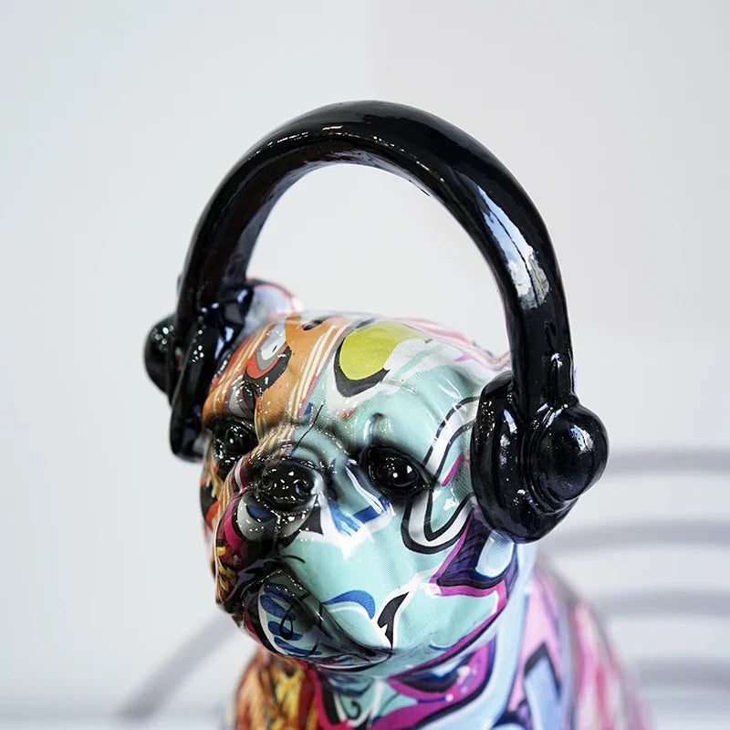 DecorBites™ Bulldog Headphone Figurines: Resin Graffiti Art Dog Statue Desktop Decor
