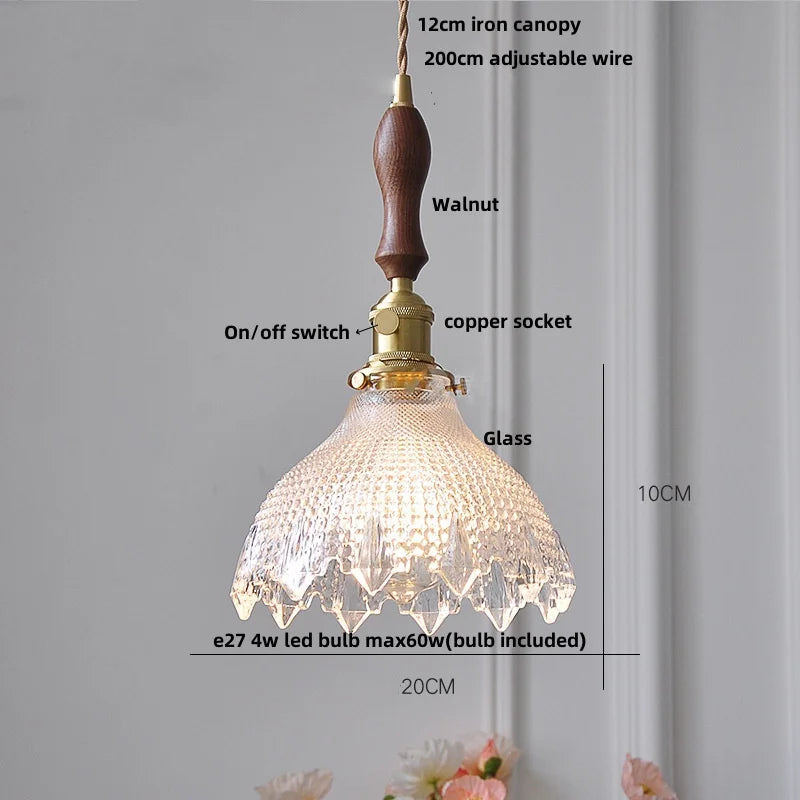 DecorBites™ Green Glass LED Pendant Lights with Walnut Wood Hanging Lamp