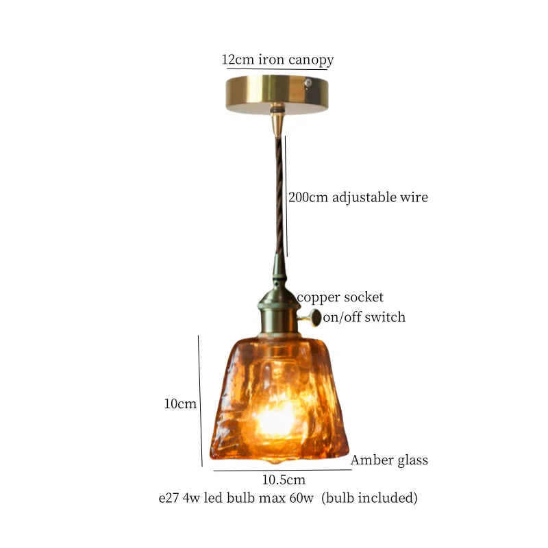 DecorBites™ Brass Amber Glass LED Pendant Light for Restaurant Bedside Kitchen Loft Bar