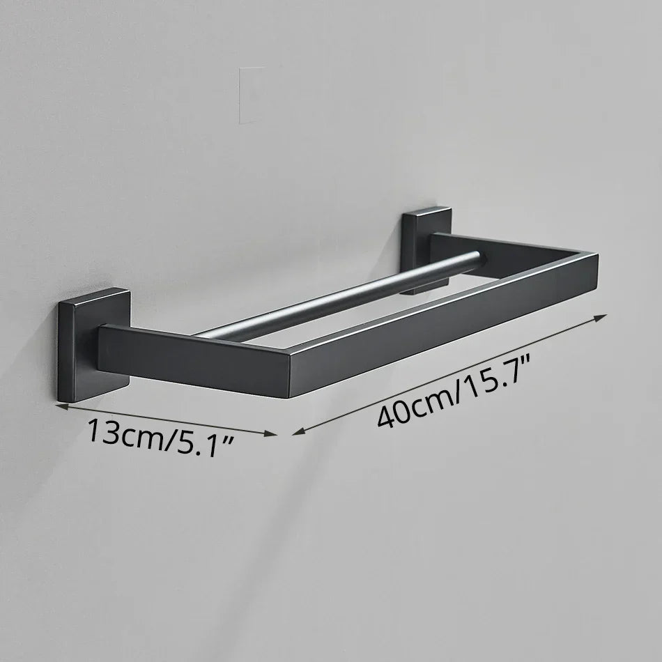 DecorBites™ Black Bathroom Accessories Set: Robe Hook, Towel Rail, Shelf, Tissue Holder