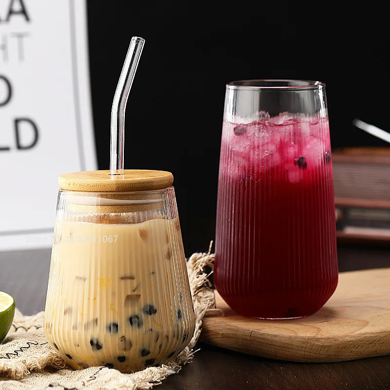 DecorBites™ Glass Cup Set with Lid and Straw for Tea Coffee Juice Beer Milk Mocha