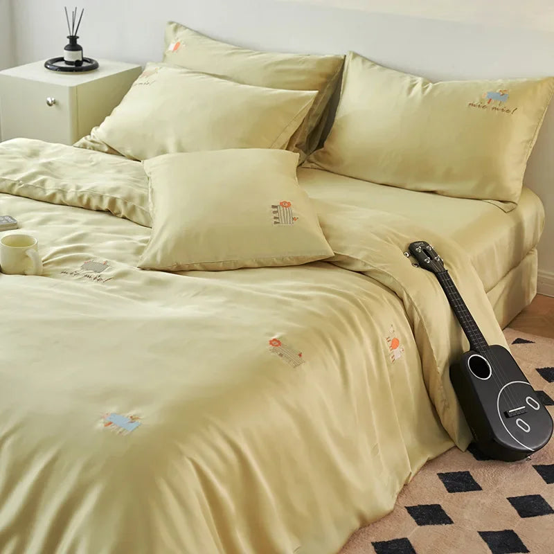 DecorBites™ Cartoon Embroidery Comforter Set with Silky Cooling Touch Fitted Sheet - Luxury Rayon Bedding Set