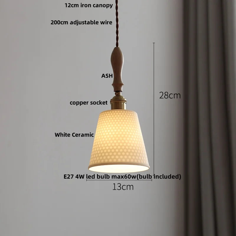 DecorBites™ Adjustable LED Pendant Lights Ash Wood White Ceramic Modern Hanging Lamp