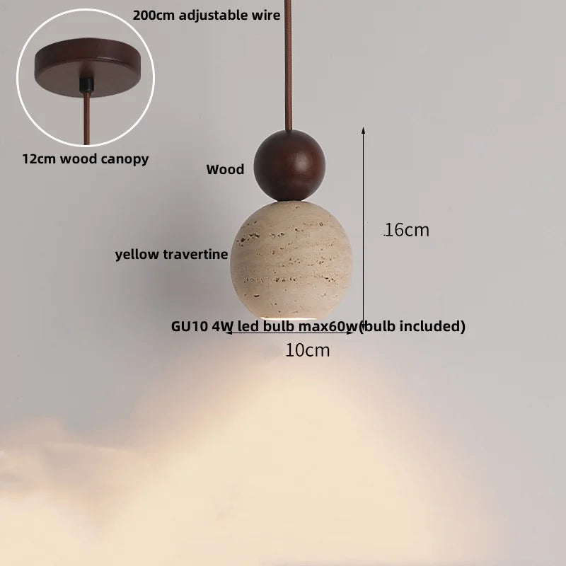 DecorBites™ Globe LED Pendant Light Yellow Travertine Stone White Glass Adjust Hang Lamp