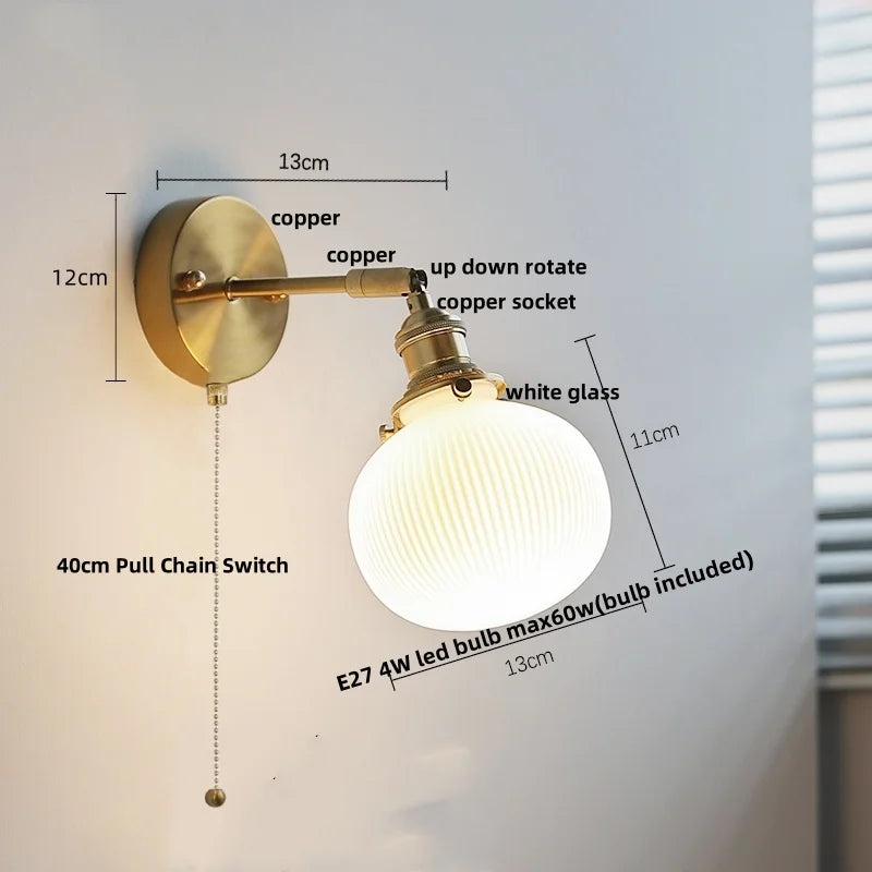 DecorBites™ Blue Glass Wall Sconce Pull Chain Switch Rotate Stair Light