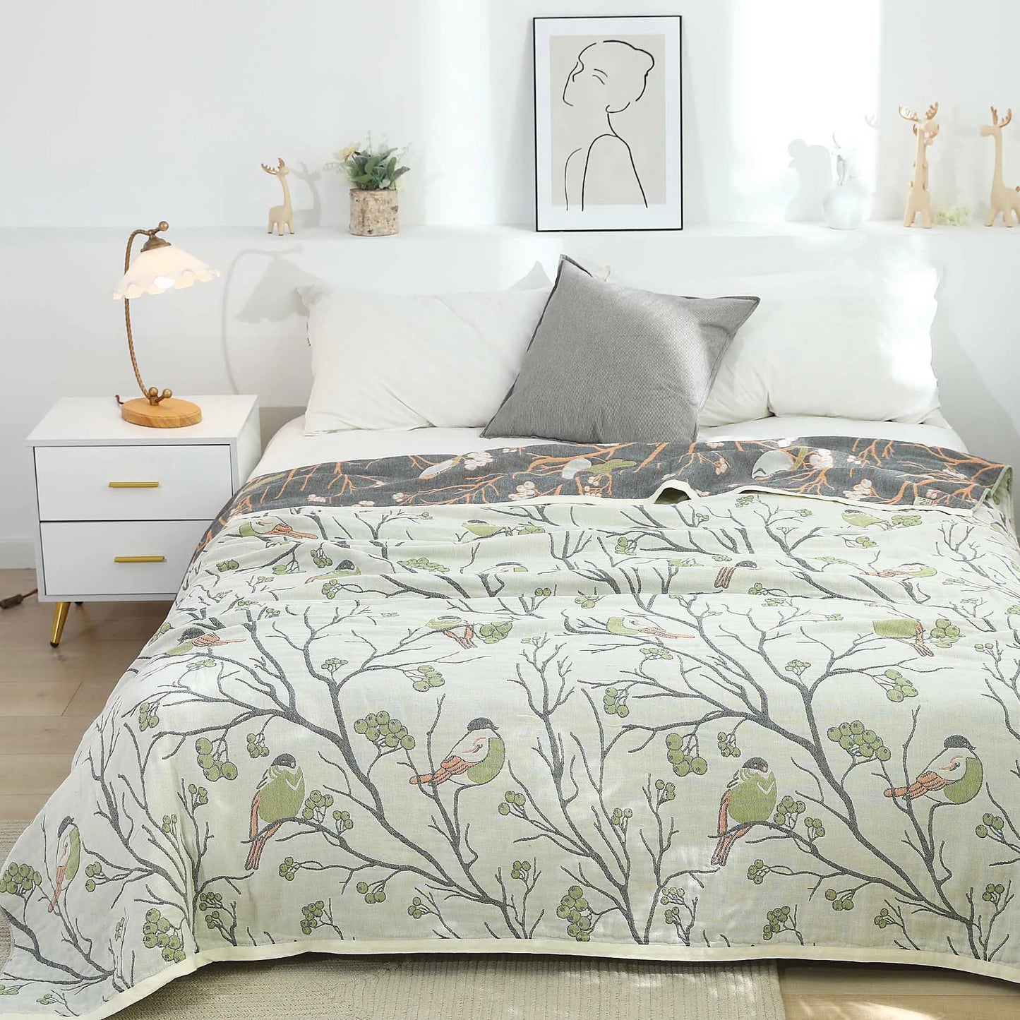 DecorBites™ Japanese Cotton Single Bedspread with Pillow Towel - Floral Birds Design