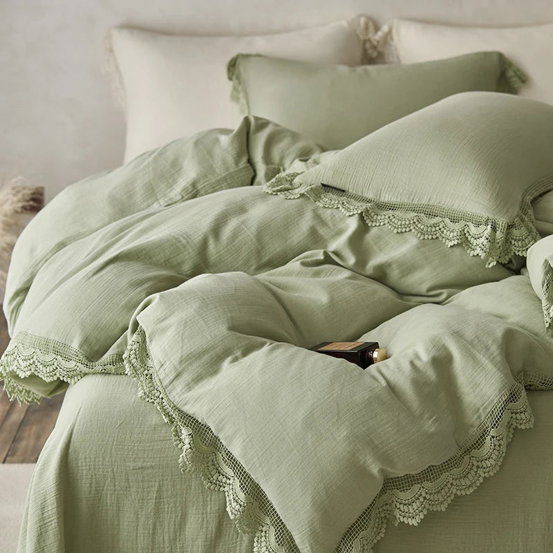 DecorBites™ Lace Edge Cotton Bedding Set for Soft Skin with Duvet, Sheets, and Pillowcases