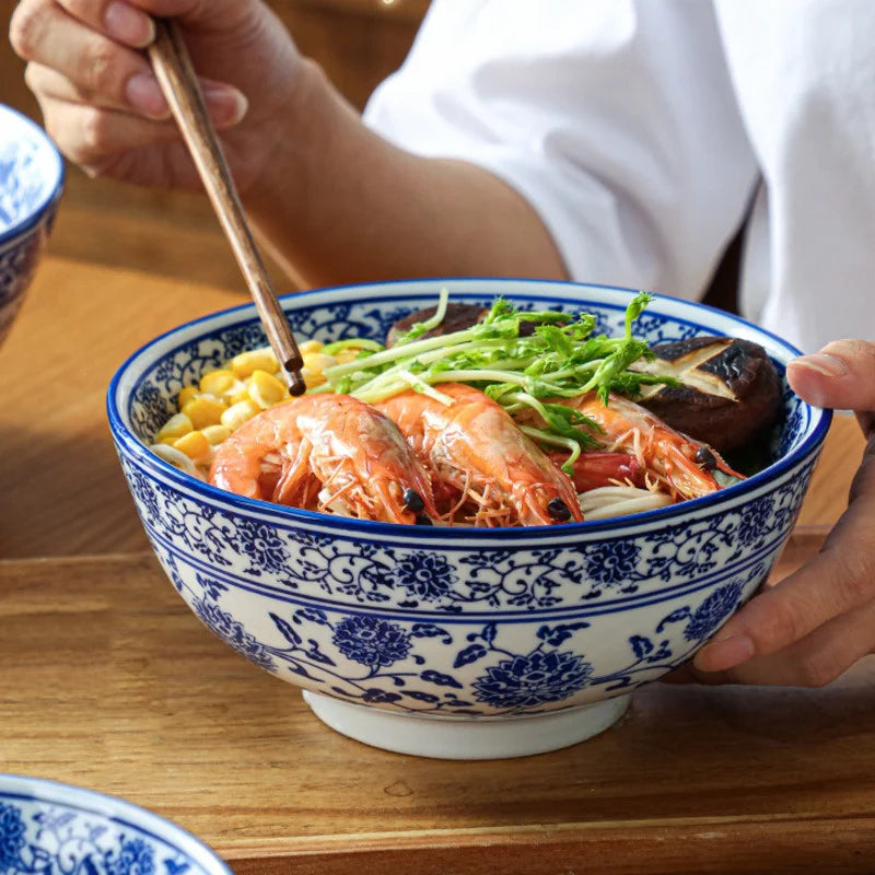 DecorBites™ Blue and White Retro Ceramic Soup Noodle Bowl