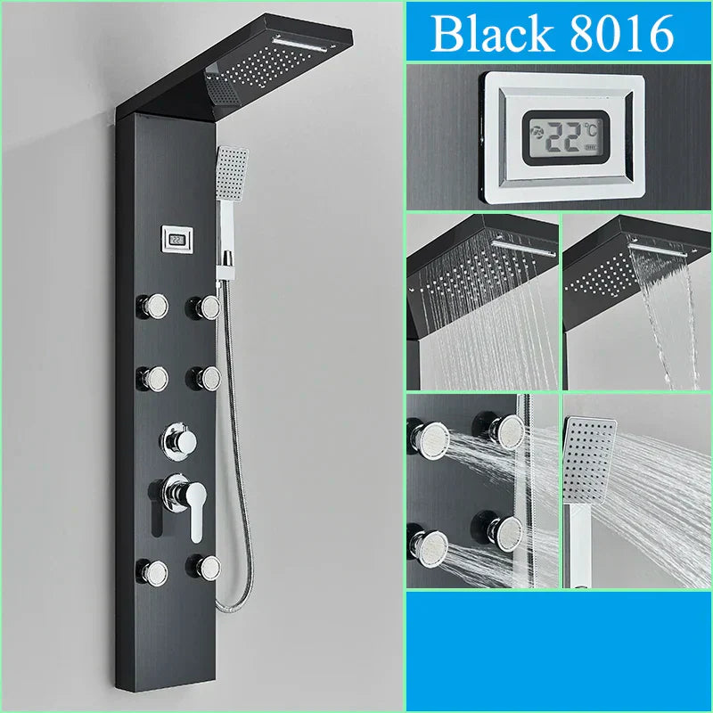 DecorBites™ Black Shower Panel Column Wall Mount Rainfall Waterfall Faucet Hot Cold Mixer Tap