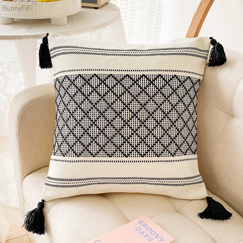 DecorBites™ Blue Diamond Jacquard Tassel Cushion Cover 45x45cm