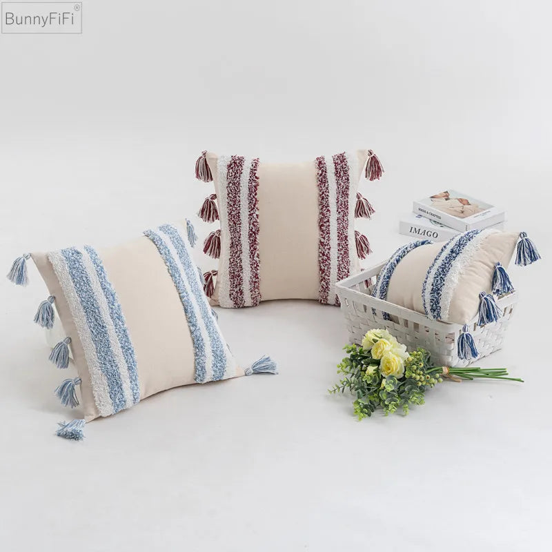 DecorBites™ Blue Grey Stripe Tufted Cushion Cover 45x45cm/30x50cm for Home Decoration