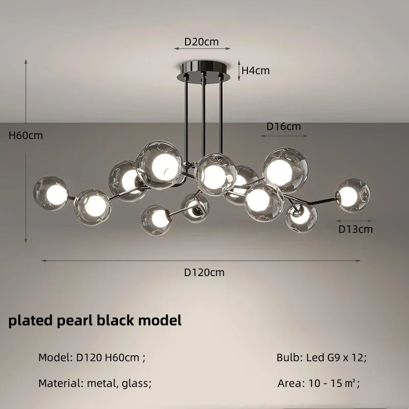 DecorBites™ Glass Globe Black Led Pendant Chandelier - Nordic Style Dining Room Decor