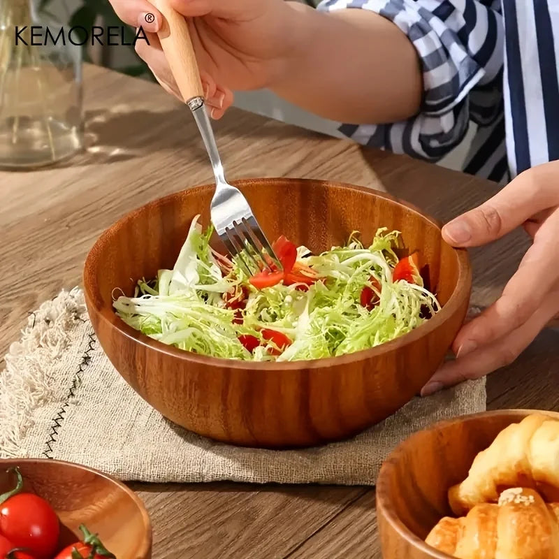 DecorBites™ Acacia Wooden Salad Bowl - Anti-scalding Wooden Bowl for Fruit, Vegetables, and Ice Cream