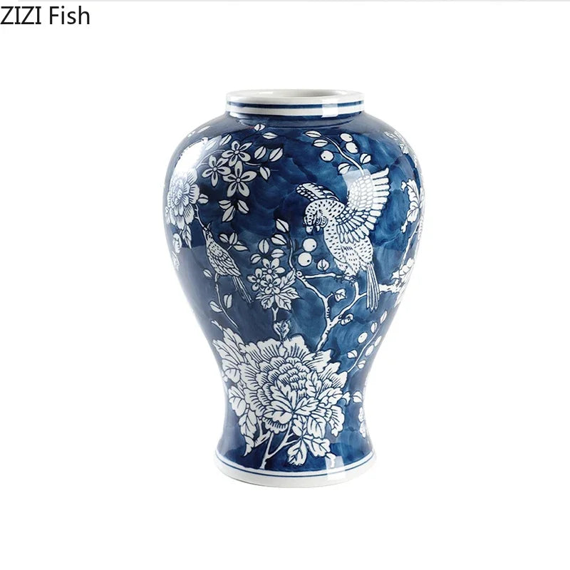 DecorBites™ Blue Porcelain Vase: Flowers and Birds Pattern Table Decor Floral Vases Room Aesthetic